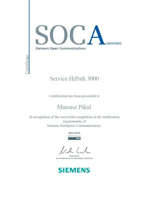 Międzynarodowy Certyfikat Siemens SOCA - Service HiPath 3000