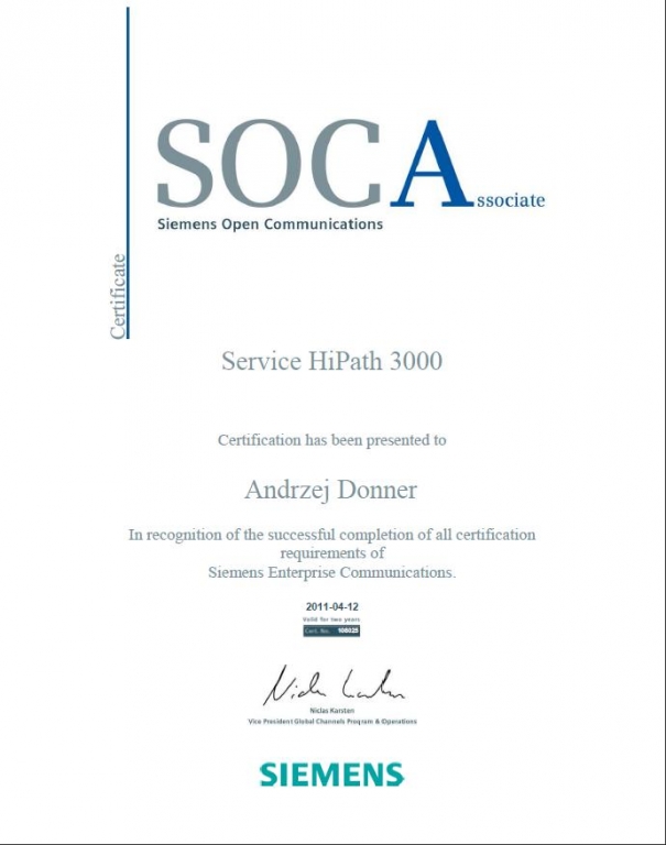 Międzynarodowy Certyfikat Siemens SOCA - Service HiPath 3000