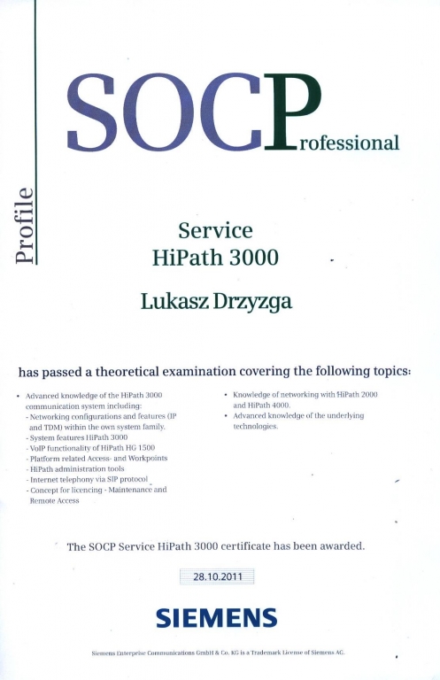Międzynarodowy Certyfikat Siemens SOCP - Service HiPath 3000